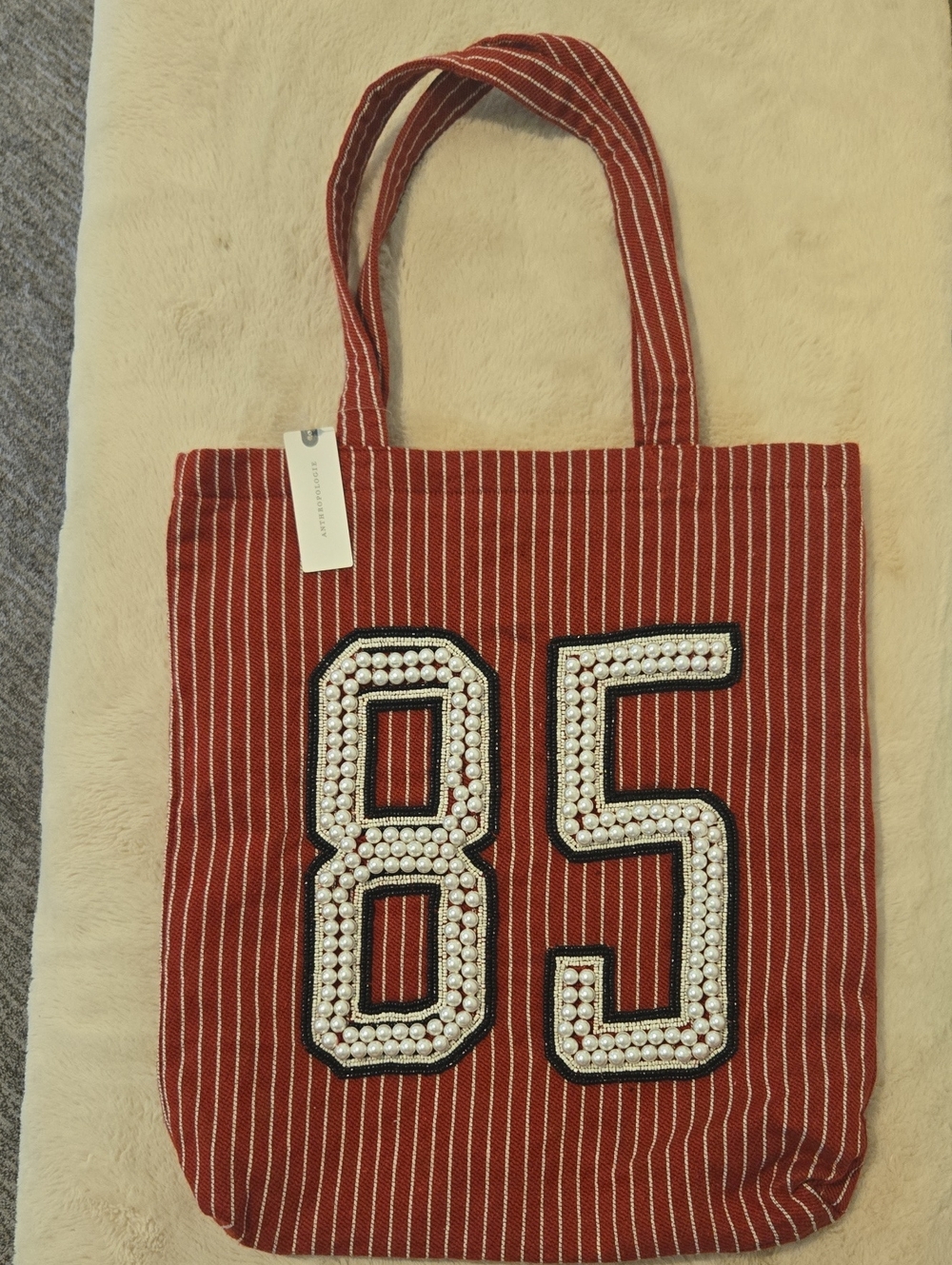 Anthropologie Printed Beaded Canvas Tote Bag